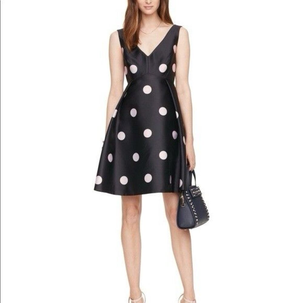 $448 KATE SPADE SPOTLIGHT V NECK BLACK & PINK POLKA DOT DRESS SIZE 8 A-Line